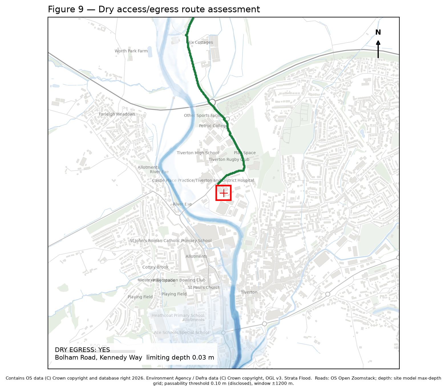 Computed access and egress figure over modelled flood extent, Tiverton